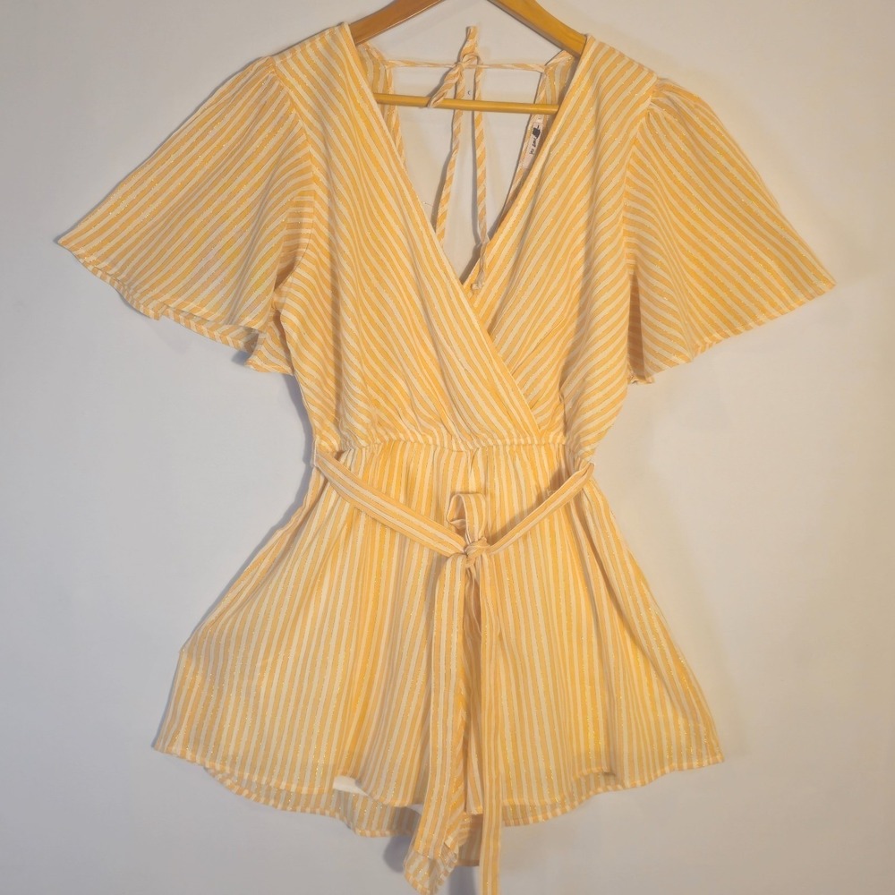Mi Ami Romper Womens Large Yellow White Striped Surplice Neck Belted Casual NWT